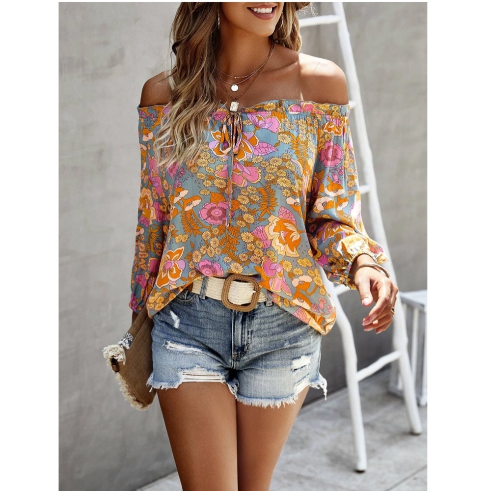 Off The Shoulder Floral Print Boho Top Long Bishop Sleeves Relaxed - Picture 2 of 5